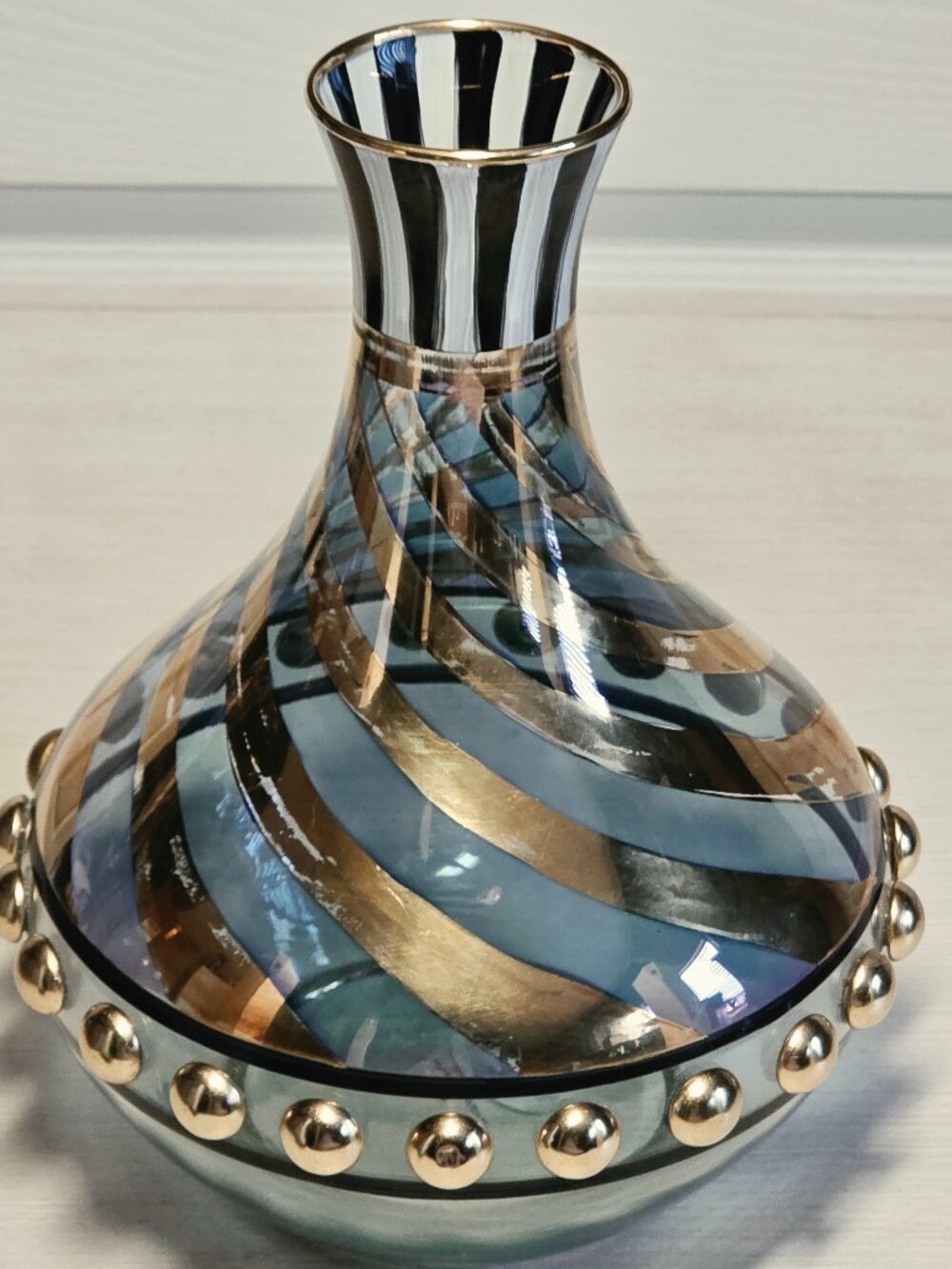 MacKenzie Childs Tango Circus Hand Painted Gold Striped Studded Glass Decanter